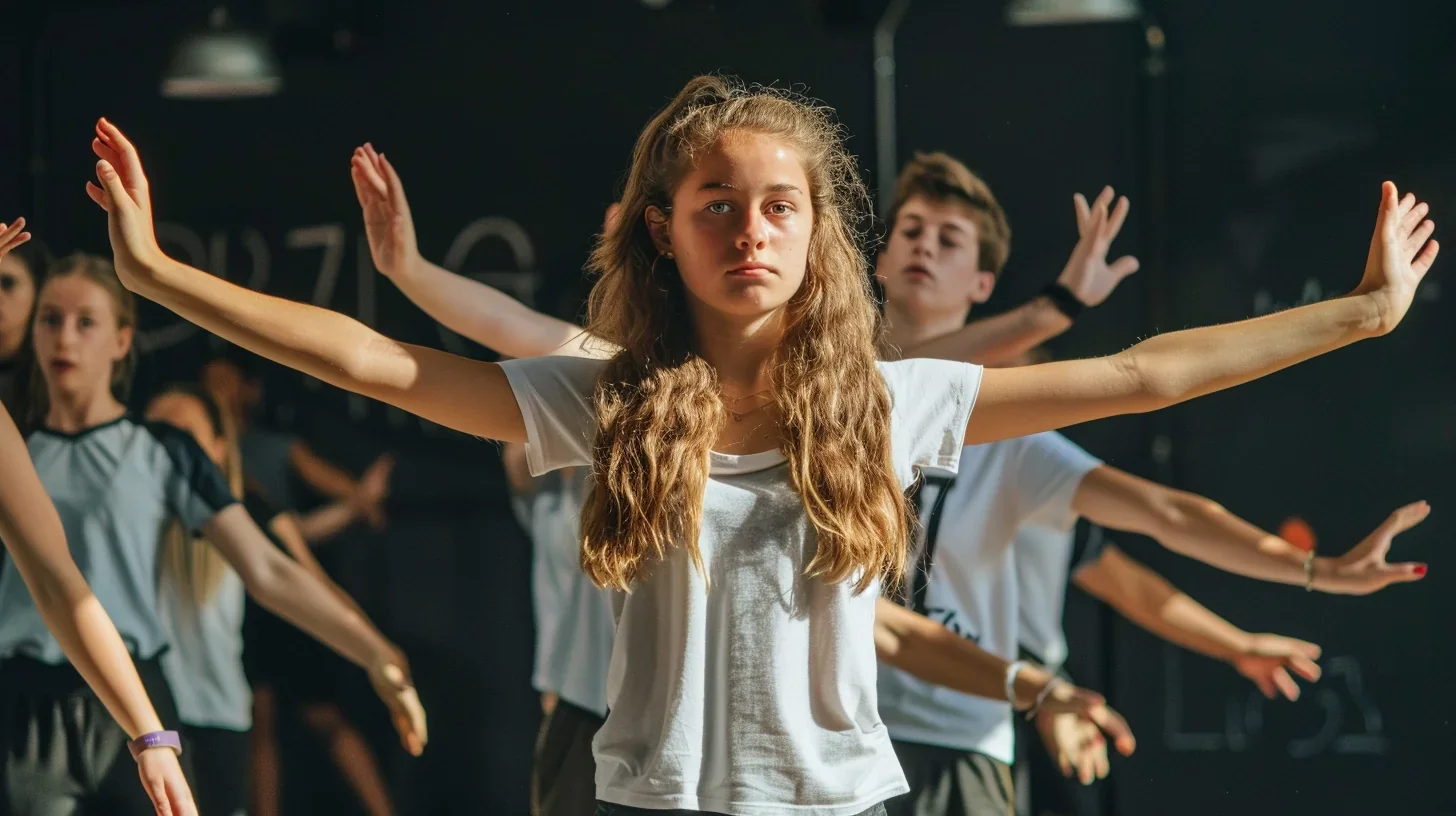 Image d'un groupe de jeunes effectuant des exercices théâtraux sur scène