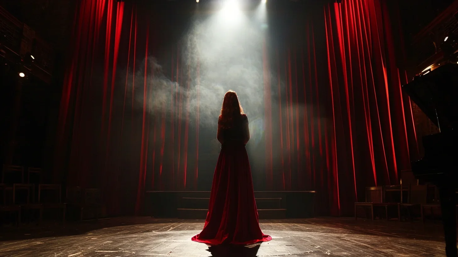 Image d'une femme captivant le public avec un monologue théâtral.