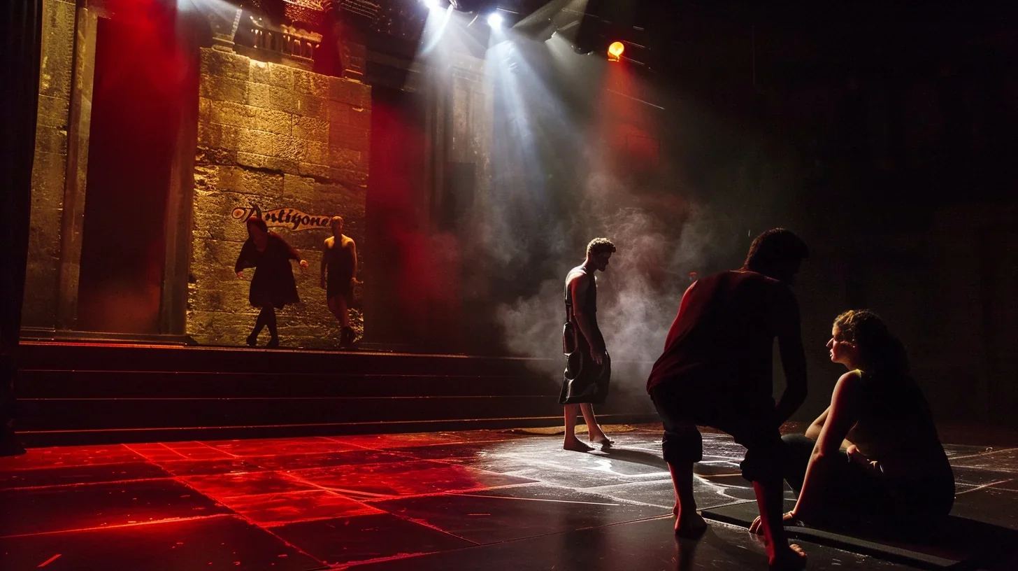 Scène dramatique de la pièce Antigone lors d'une représentation théâtrale