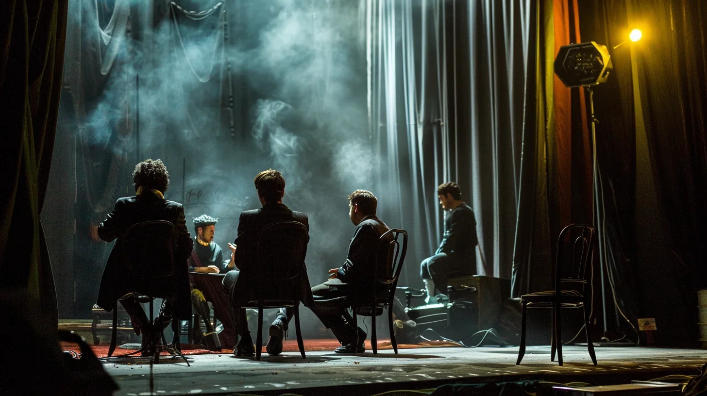 Acteurs répétant une scène avec 5 personnages