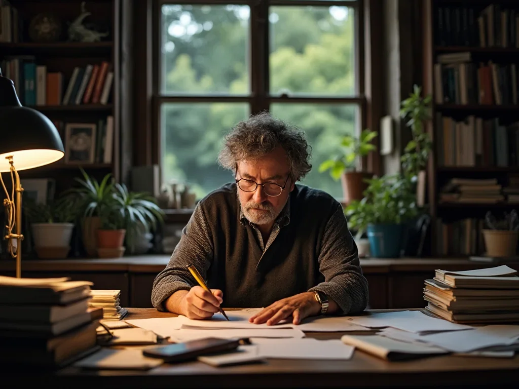 Dramaturge en pleine création, travaillant sur un scénario dans un espace d’écriture