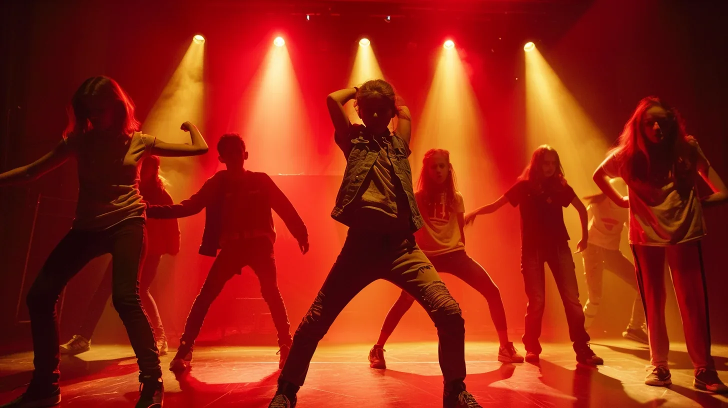 Groupe de jeunes effectuant des exercices théâtraux sur scène