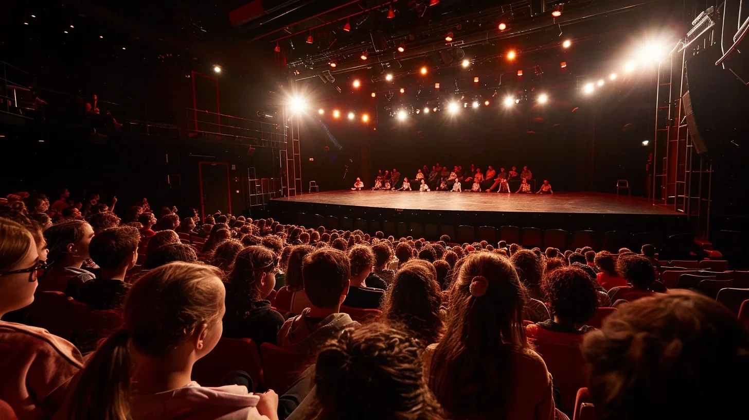 Image de scène théâtrale avec des acteurs en pleine représentation