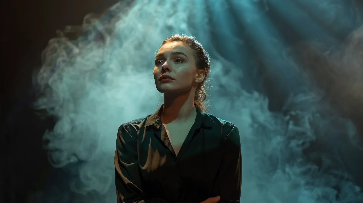 Image d'une actrice exprimant intensément son monologue sur scène