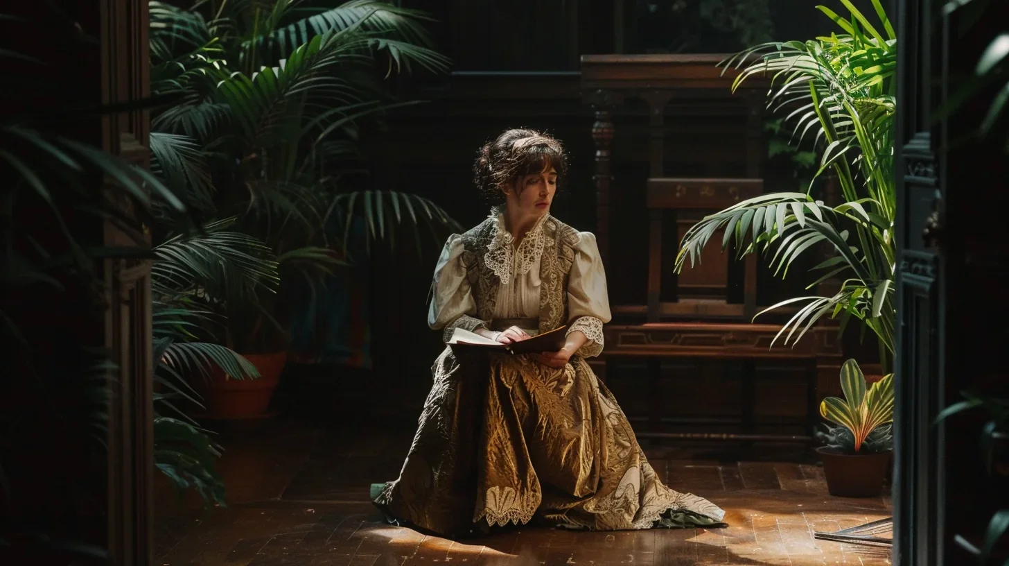 Illustration d'une femme passionnée s'exprimant avec éloquence dans un monologue théâtral