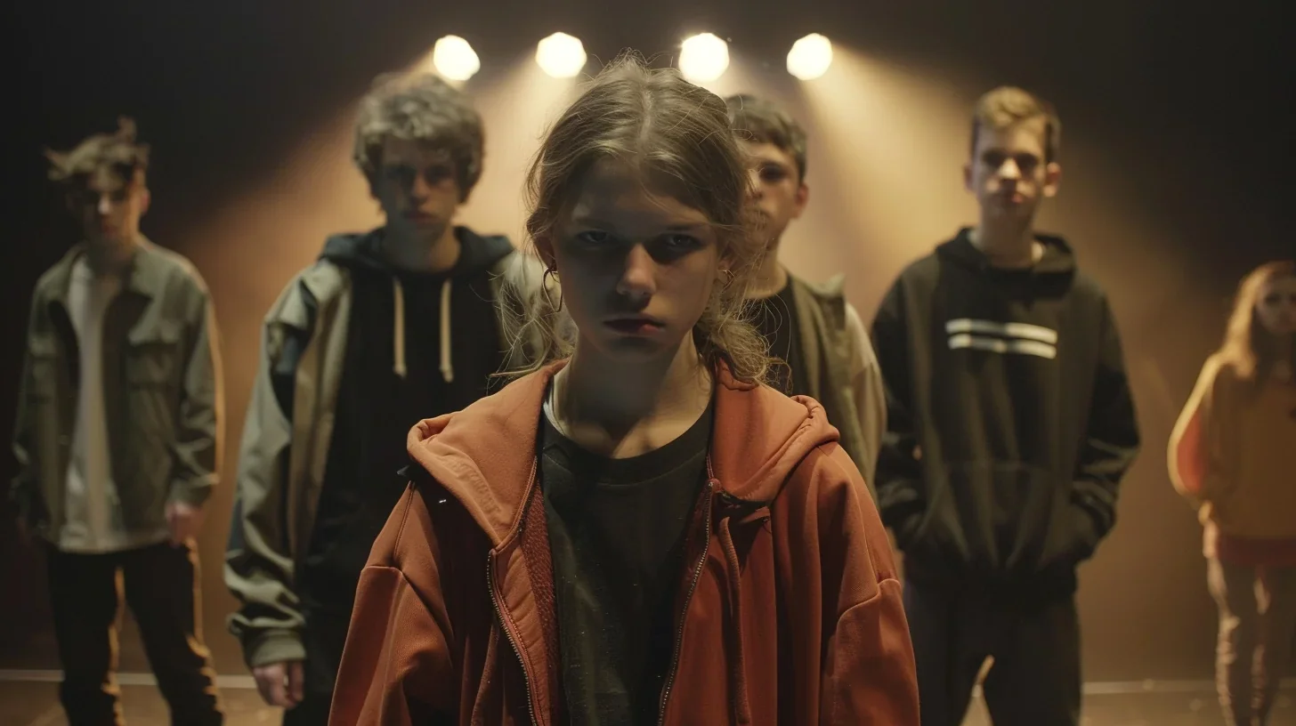 Image d'un groupe de jeunes artistes effectuant des exercices théâtraux sur scène