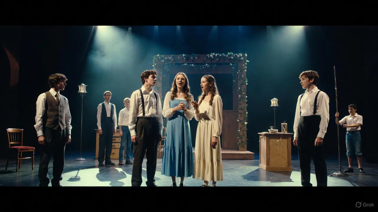 Jeunes comédiens sur scène en pleine représentation théâtrale