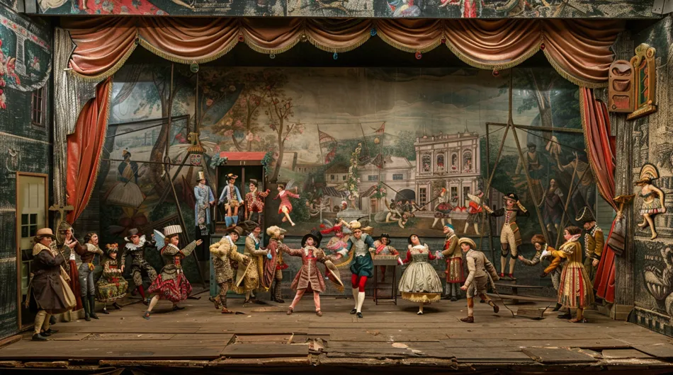 Une peinture abstraite représentant un théâtre moderne avec des formes et des couleurs vives