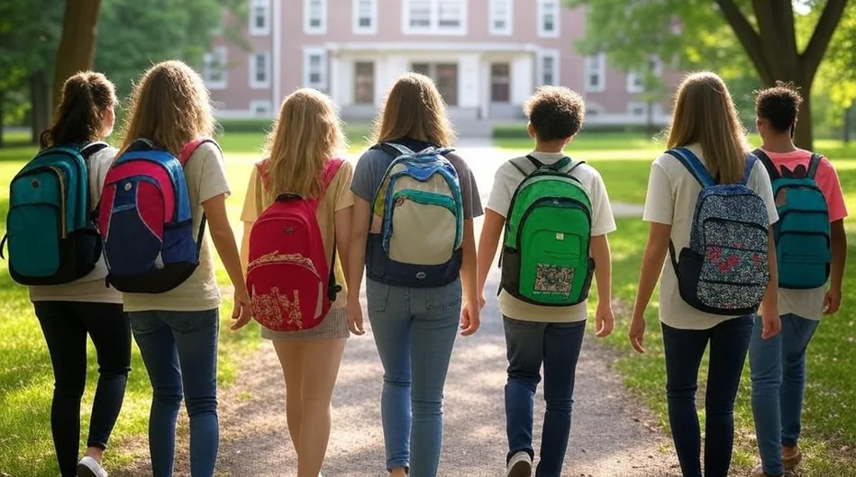 Un groupe de 6 filles et 1 garçon, chacun avec un sac à dos, marchant vers un beau bâtiment entouré d'arbres.