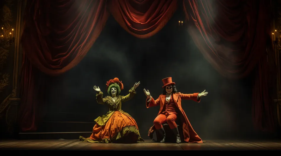 L'image capture une scène éclatante d'une pièce de théâtre comique avec un duo d'acteurs, un homme et une femme, dans des costumes