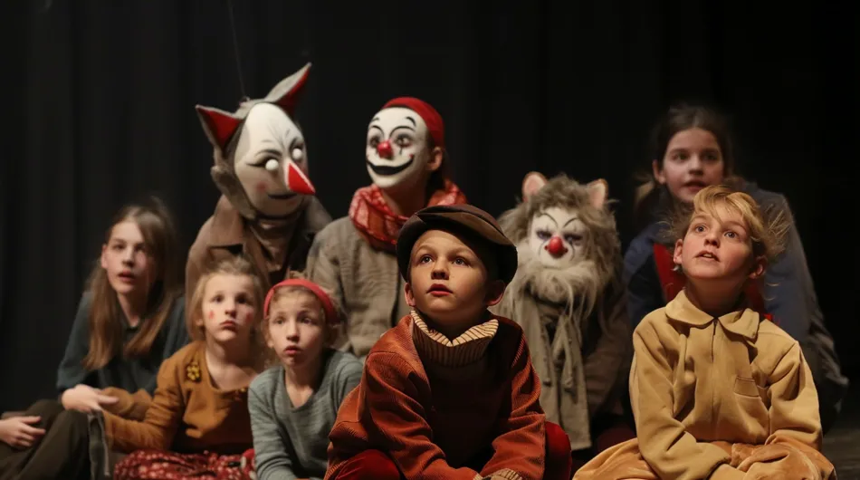 Enfants s'amusant avec le théâtre, en maquillage et costumes