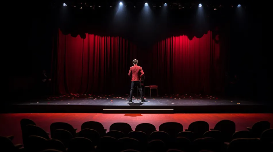Un acteur seul sous les feux de la rampe, entièrement immergé dans son personnage. Ses expressions vives et sa présence magnétique