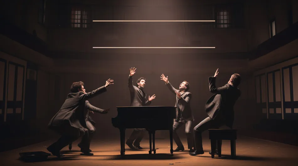 Une troupe d'artistes en pleine improvisation, unissant leur créativité et leur spontanéité pour créer une scène captivante.
