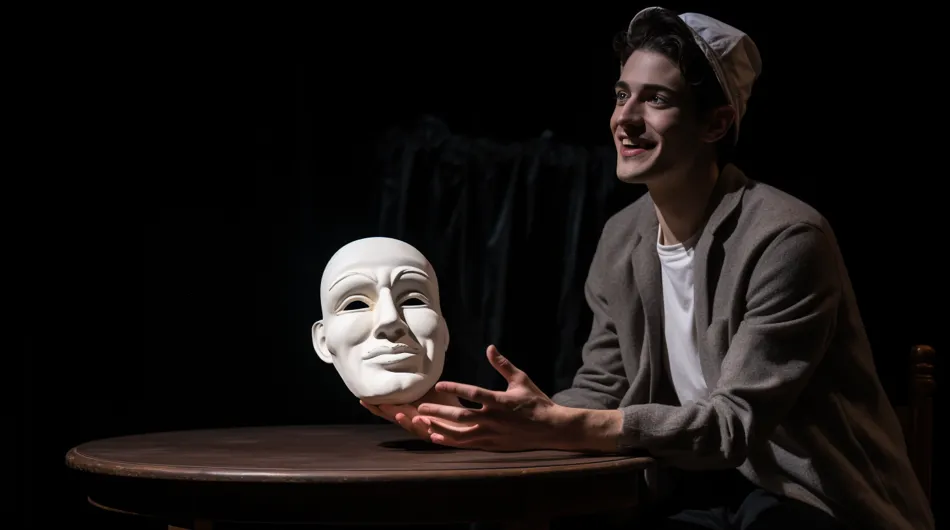 Un jeune homme, vêtu d'une chemise blanche décontractée, est assis à une table rustique, plongé dans un monologue intense. Ses mai