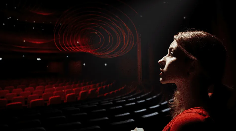 Dans cette image touchante, nous voyons une actrice en pleine concentration sur scène, faisant face à une salle de théâtre vide. S