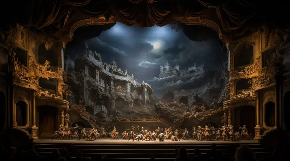 Cette image présente une scène de théâtre superbement décorée, prête pour une représentation. Le fond de la scène est orné de tent