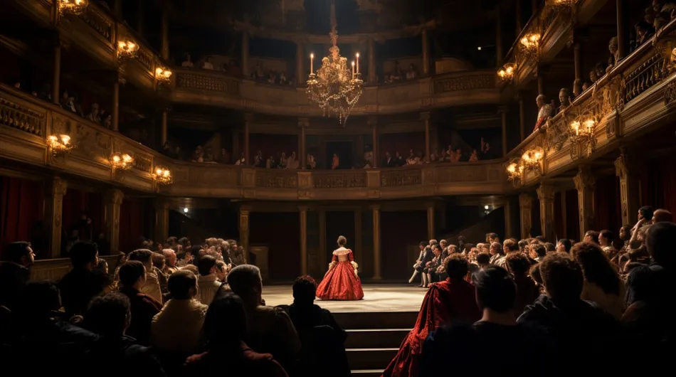 Cette image offre un regard intime sur le théâtre espagnol du XVIIème siècle. On y voit une scène de théâtre richement décorée, av