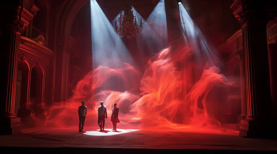 Scène dramatiquement éclairée en rouge, avec des décors et de la fumée lors d'une représentation théâtrale
