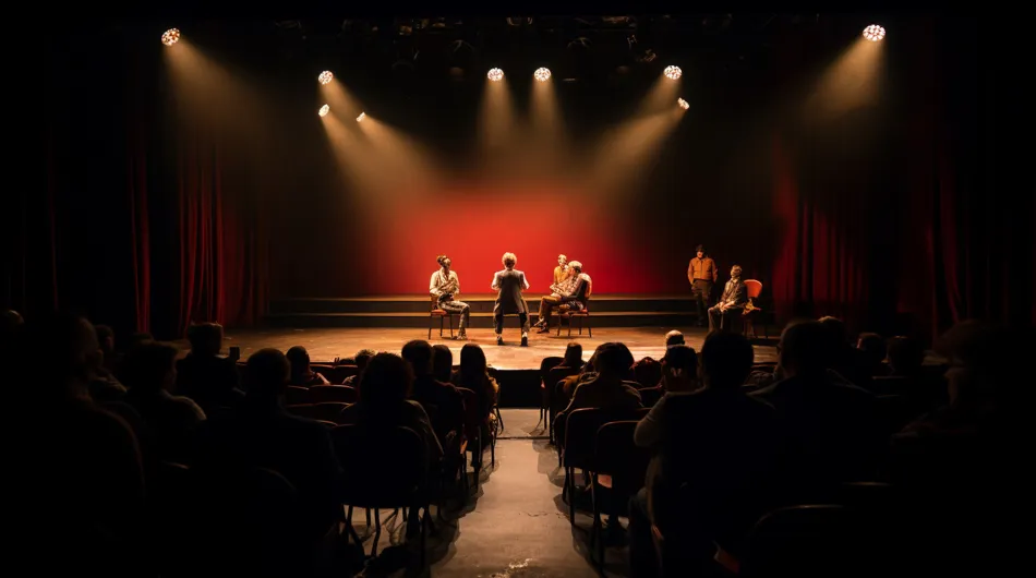 Des artistes sur scène, en plein cœur d'une performance d'improvisation captivante, illuminés par les projecteurs et soutenus par 