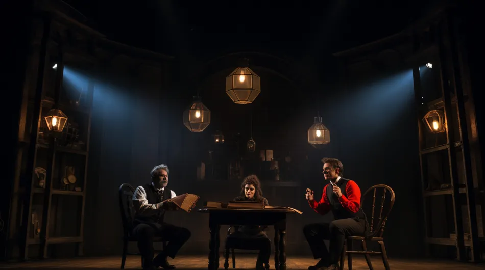 Trois personnes sont assises autour d'une table sur une scène de théâtre, engagées dans une discussion animée. Leurs expressions r