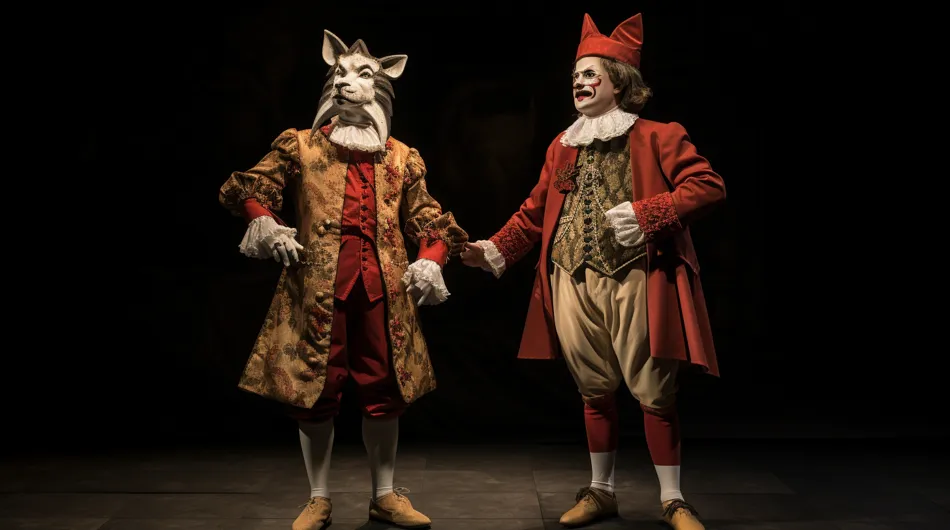 Cette image vivante capture deux comédiens en plein jeu sur scène, vêtus de costumes extravagants. Leurs expressions faciales exag